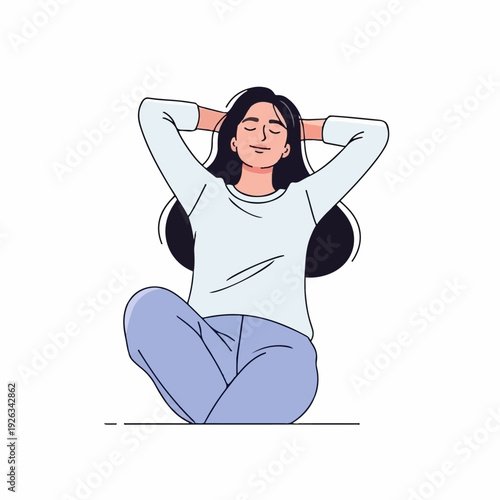 Calm woman with dark hair sits cross-legged with eyes closed, resting her hands behind her head to express relaxation and inner peace.