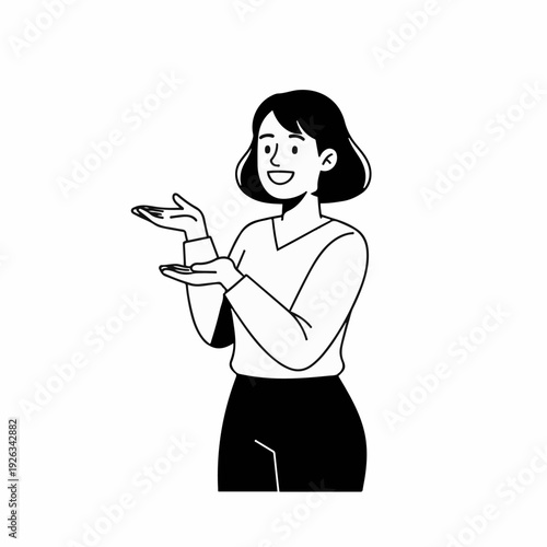 Smiling female professional gestures outward with open hands, presenting an idea or product suggestion with an expressive, welcoming demeanor.