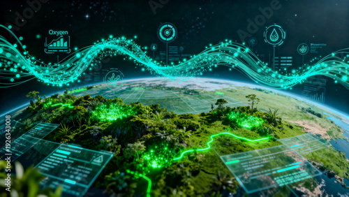 Futuristic digital landscape with green planet surface and flowing streams of ecological data, highlighting environmental technology.