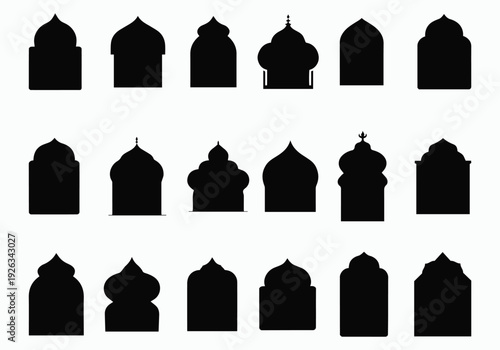 Islamic windows shapes. Oriental badge silhouettes, east gate frame with domes and traditional Arabian architecture arches or Mosque decorations vector set