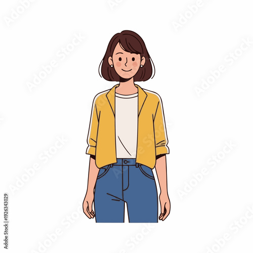 Young woman with short brown hair wearing a casual yellow jacket and blue jeans stands smiling warmly against a white background.