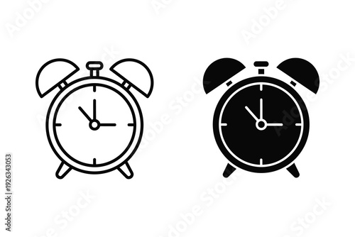 Alarm Clock Icon Set: Outline and Solid Vector Graphics for Time and Wake-up
