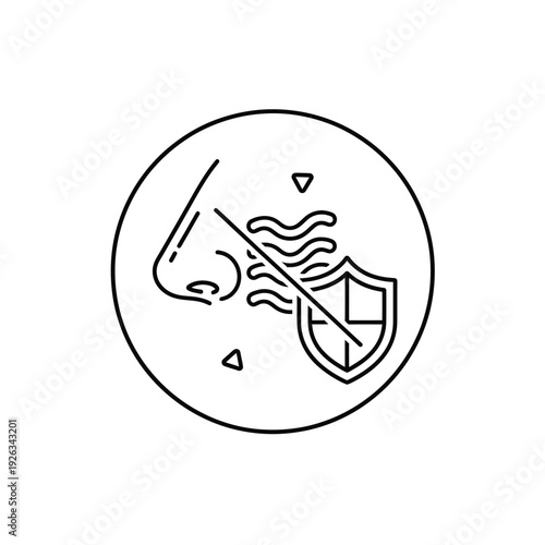 Anti odor badge with nose and crossed out scent wave elements in circular frame