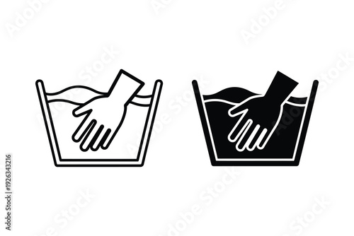 Hand Washing Icon: Gentle Hand Wash in Basin, Line and Solid