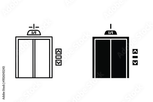 Elevator Icons: Floor Indicator and Buttons in Outline and Solid Styles
