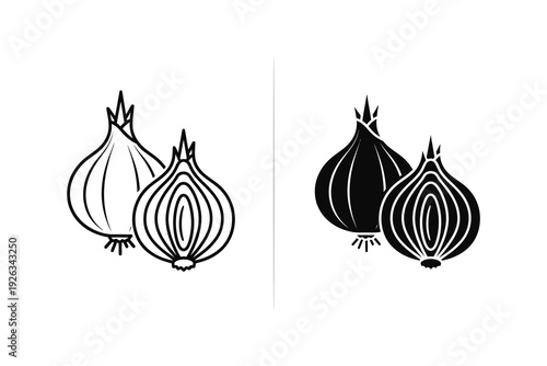 Onion Icons Vector, Food Ingredient and Cooking Concept, Outline and Solid Styles