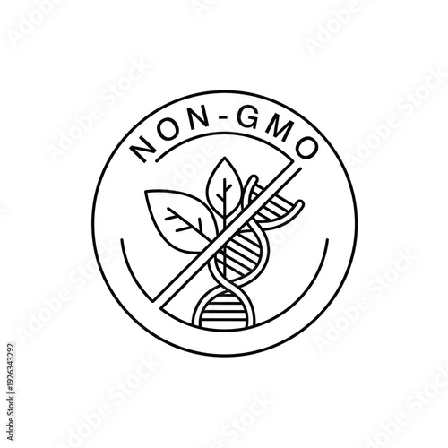 Circular non gmo badge with outline dna helix and leaves for healthy food packs