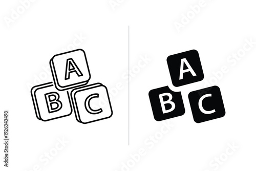 Alphabet Blocks Icons: ABC Letters in Outline and Solid Black for Education