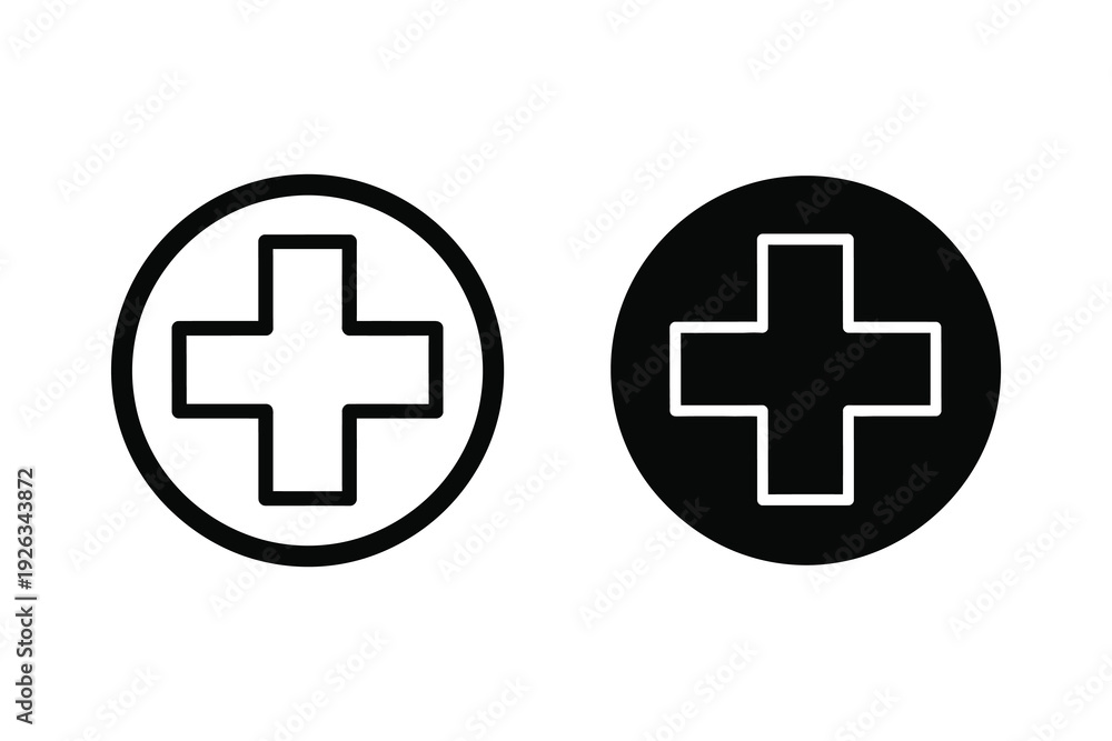 Fototapeta premium Medical Cross Icons in Circle, Outline and Solid Black, Vector Graphics for Healthcare