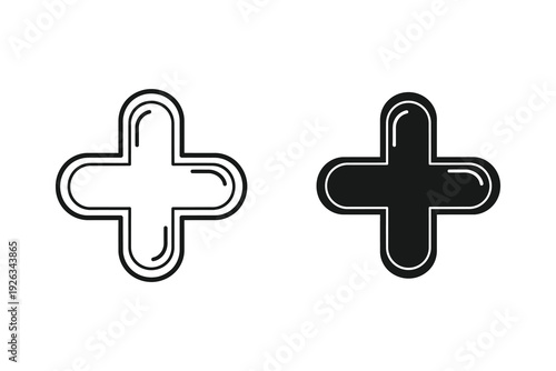 Plus Symbol Icons: Outline and Solid Black Cross Icons for Medical or Addition Concepts