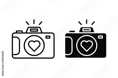 Camera icon with heart and flash, love photography symbol, two styles