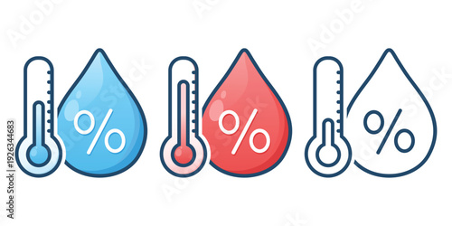 AWater Percent with Thermometer Icon. Temperature and Pressure Measurement Symbol. Vector Illustration