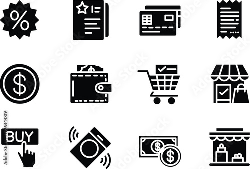 Ecommerce and Online Shopping Icon Set with Discount Tag, Digital Payment, Shopping Cart, Invoice, Storefront and Mobile Purchase Symbols Vector Illustration