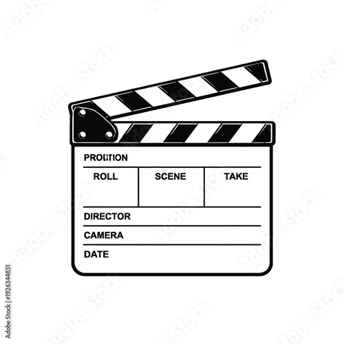 Classic film clapboard vector illustration, an iconic symbol of movie production and filmmaking. Essential clapper board graphic with 'Production', 'Roll', 'Scene', 'Take', 'Director', 'Camera', 'Date