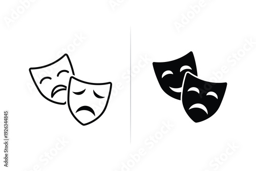 Theater Masks Icon Set: Comedy and Tragedy Symbols in Black and White Vector