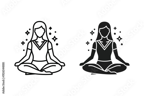 Woman Meditating Icon Set: Serene Yoga Pose Silhouette and Outline Graphics