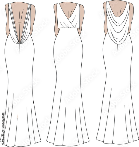 Flat vector CAD drawing of elegant backless evening gown with cowl drape details, technical fashion sketch, multiple back view angles