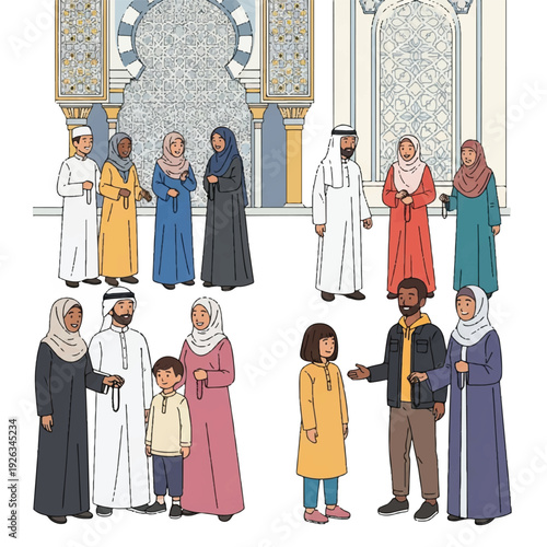 Illustration of diverse people in traditional and modern attire standing in two rows against an ornate architectural background with intricate patterns and designs.
