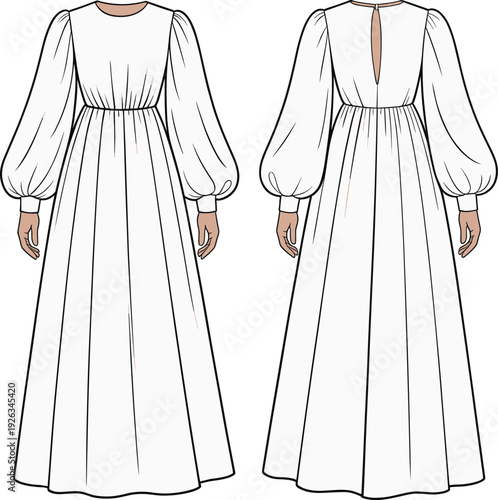 Flat vector CAD drawing of elegant maxi dress with bishop sleeves, gathered waist, back slit opening, long formal design sketch