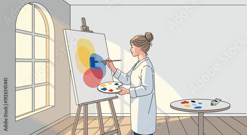 Artist painting abstract shapes on canvas easel with color palette