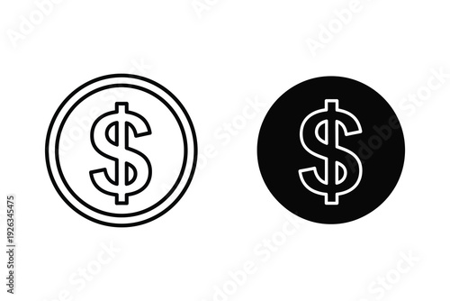 Dollar Coin Icons: Currency and Finance Symbols in Black and White