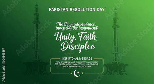 Pakistan resolution day celebration with inspirational quote on green background with towers