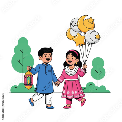 A cartoon boy and girl holding hands, walking in a park with green trees, the boy carries a lantern and the girl holds star and moon balloons.