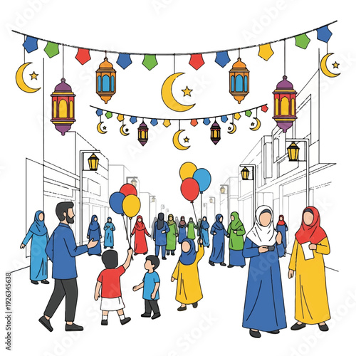 Illustration of a boy and girl holding hands, walking in a park with balloons and a lantern, colorful and joyful scene.