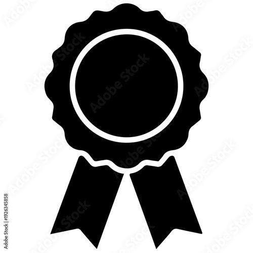 A white outline of a rosette award ribbon on a black background