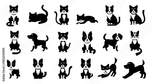 Adorable Cats and Dogs Cartoon Vector Set in Action Poses Flat Design on White Background