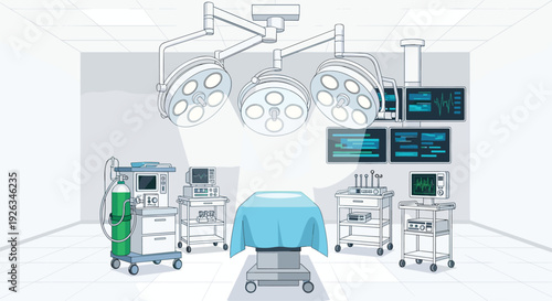 A sterile operating room is equipped with a central surgical table, three large overhead lights, and various medical devices.