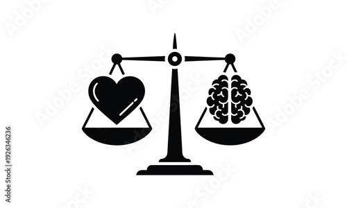 Brain and heart on scale balanced representing logic and emotion choice