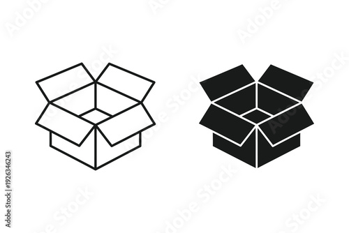 Open Cardboard Shipping Box Icon Set - Outline and Solid Delivery Container