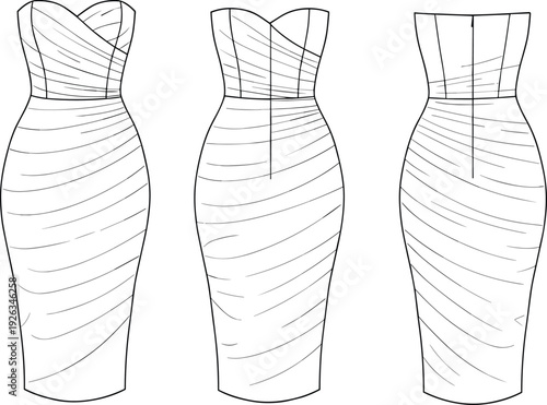 Flat vector CAD drawing of elegant strapless ruched bodycon dress, front and back views, technical sketch for fashion design template