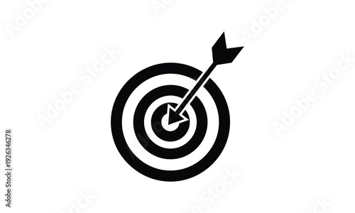 Black and white target with arrow hitting center on clean background