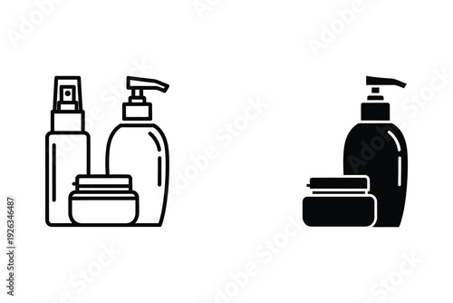Skincare Product Icons: Bottles and Jars in Outline and Solid Styles