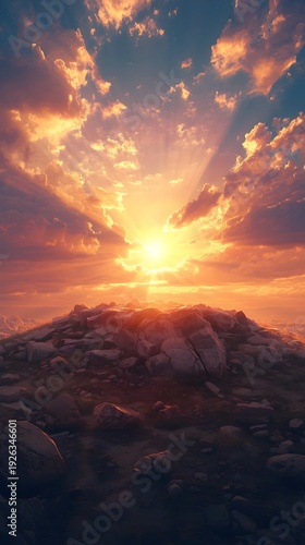 Christian Easter sunrise with empty tomb and glowing light symbolizing resurrection hope and faith
