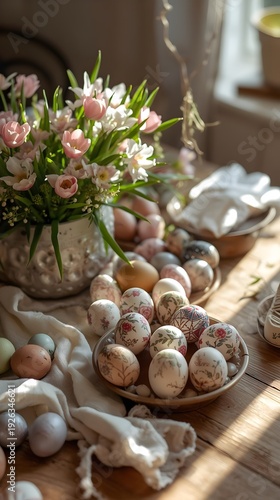 Rustic wooden table with handmade Easter eggs and spring flowers in warm natural light farmhouse style