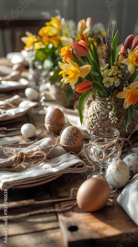 Rustic wooden table with handmade Easter eggs and spring flowers in warm natural light farmhouse style