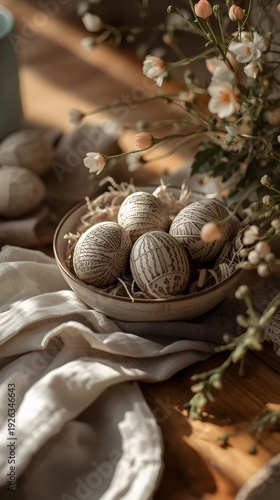 Rustic wooden table with handmade Easter eggs and spring flowers in warm natural light farmhouse style