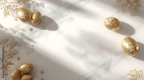 Luxury golden Easter eggs on white marble background with soft shadows, premium elegant holiday branding concept