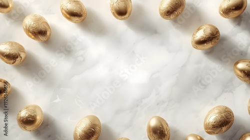 Luxury golden Easter eggs on white marble background with soft shadows, premium elegant holiday branding concept