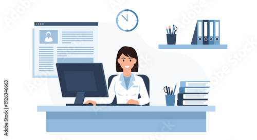 A smiling female doctor or administrator, dressed in a white lab coat, is diligently working at a light blue desk with a desktop computer and office supplies.