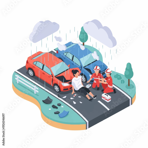 Car accident scene with emergency responders assisting.