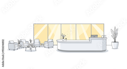 A modern office reception area, characterized by a curved white desk and a cluster of grey armchairs, is brightly lit by large windows with yellow blinds.