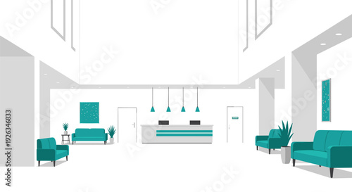 A modern and spacious hospital reception area, featuring a long white counter and several teal seating arrangements, is depicted with high ceilings and bright white walls.