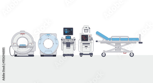 A linear arrangement of essential medical imaging and patient care equipment, including two CT scanners and a hospital bed, is displayed on a light grey floor.
