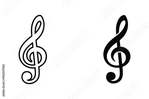 Treble clef music symbol icon vector, outline and solid black for melody