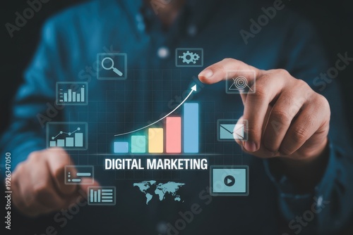 Marketing expert pointing at digital marketing interface with business growth bar graph and world map.