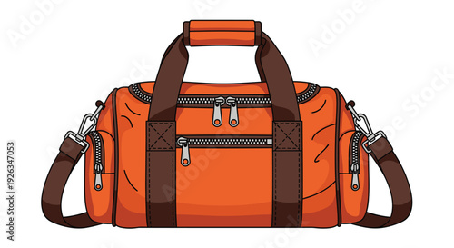 A sturdy orange duffel bag, featuring brown handles, shoulder straps, and multiple silver zippered pockets, is presented from a front view.